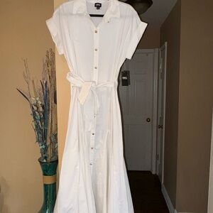 INC International Concepts White Maxi Shirt Dress with Tie Waist